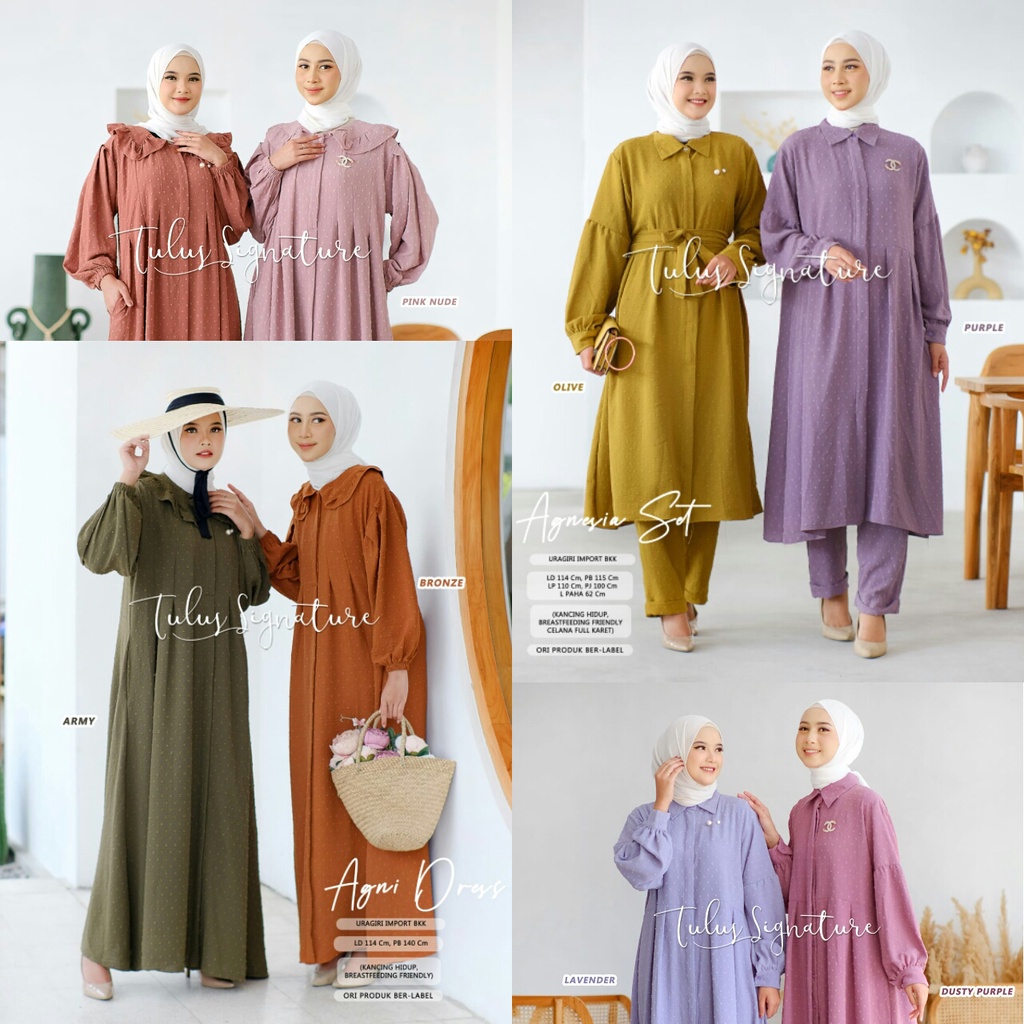 Setelan Oneset Dress Muslim Gamis Wanita Premium Pastel Agni Agnesia Tunic Tunik Fashion Basic  Moti
