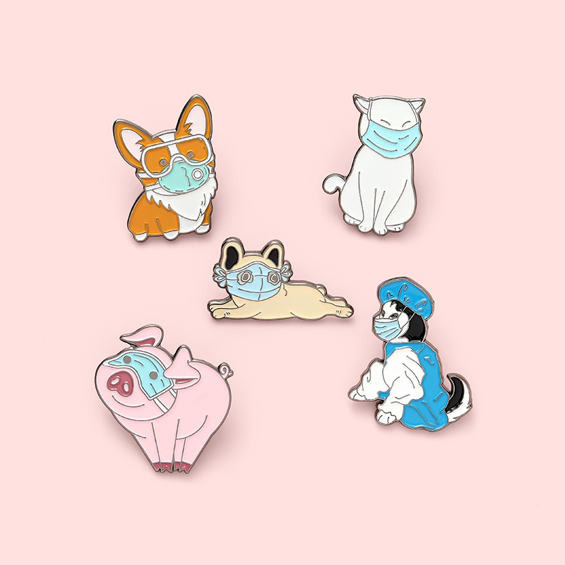 Bros Pin Enamel Bentuk Kartun Hewan Kucing Anjing Babi Corgi Husky French Bulldog Untuk Hadiah