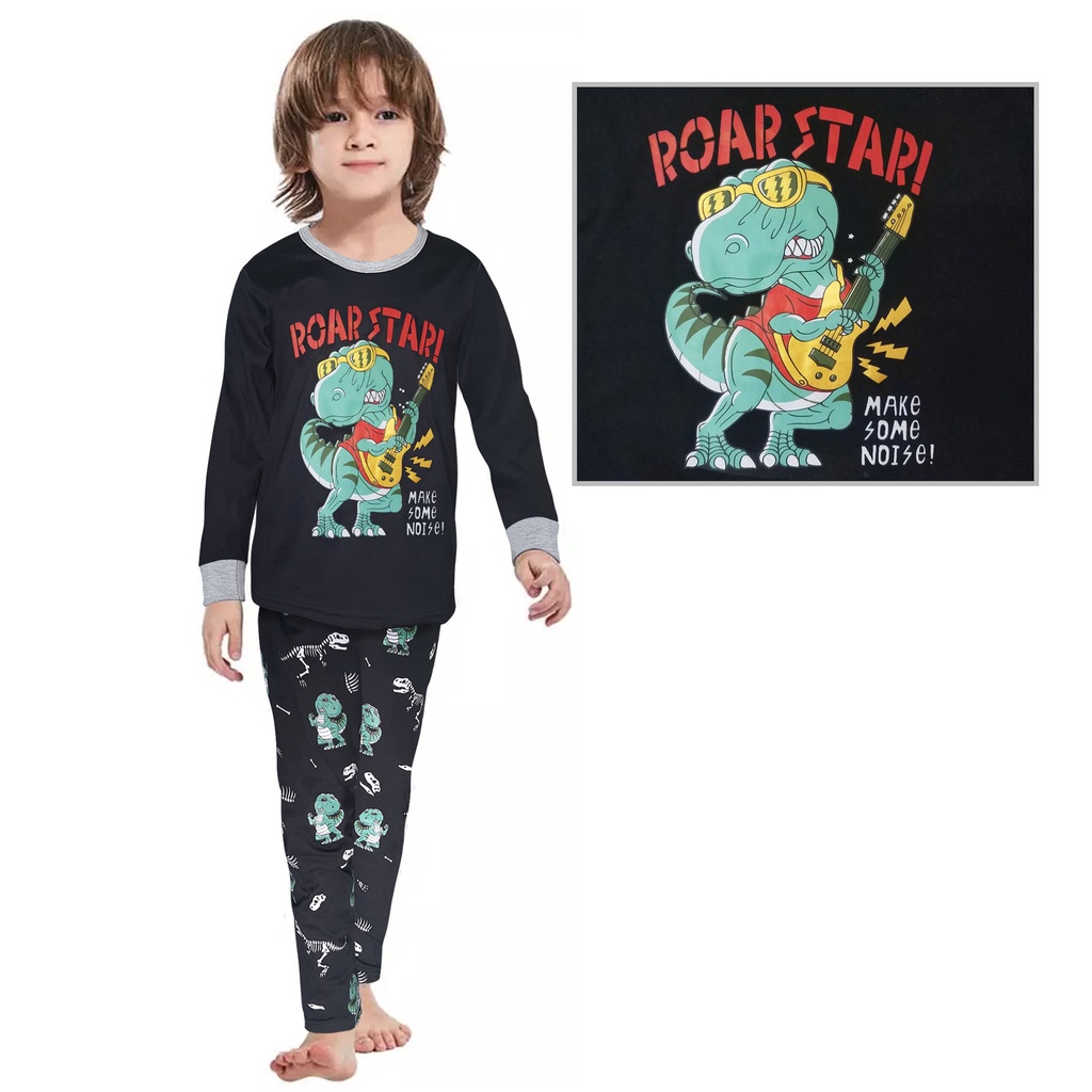 Setelan Baju Tidur Piyama Anak Cowok Lengan Panjang Dan Lengan Pendek Usia 1 - 12 Tahun Motif Dinosaurus