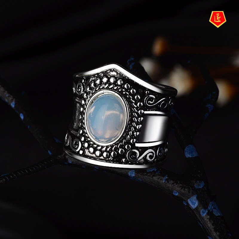 [Ready Stock]Vintage Silver Moonstone Black Agate Ring for Women