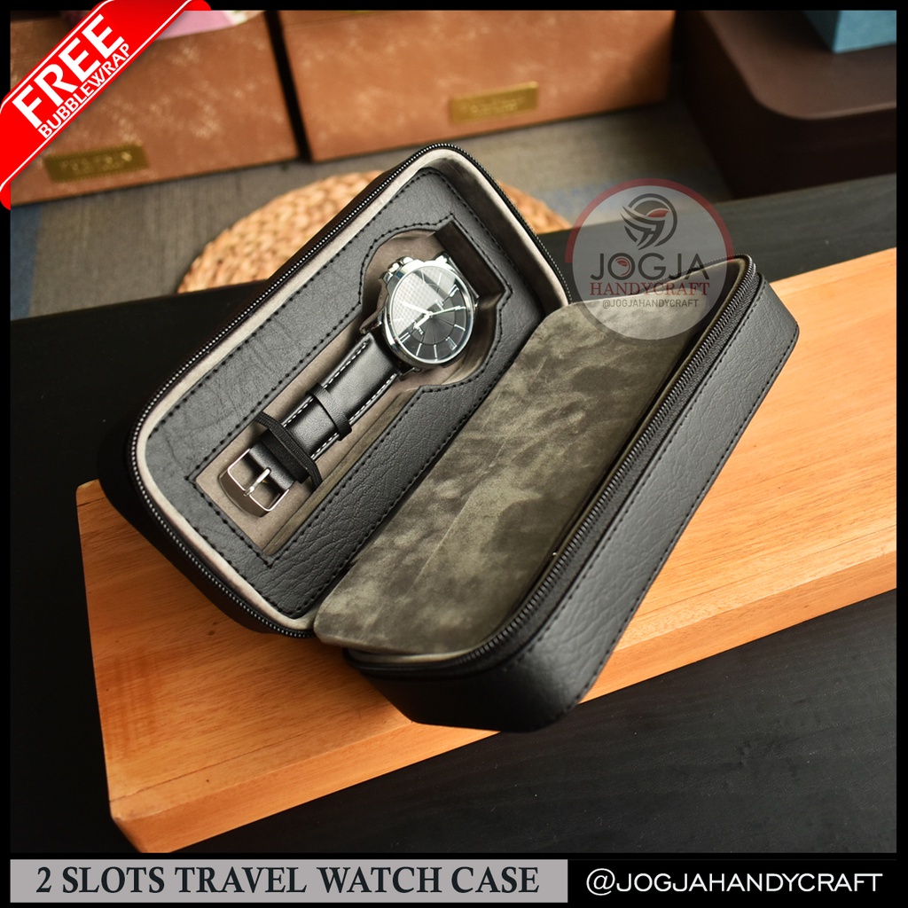 Kotak Tempat Jam Tangan 2 Slot Travel Leather Watch Case