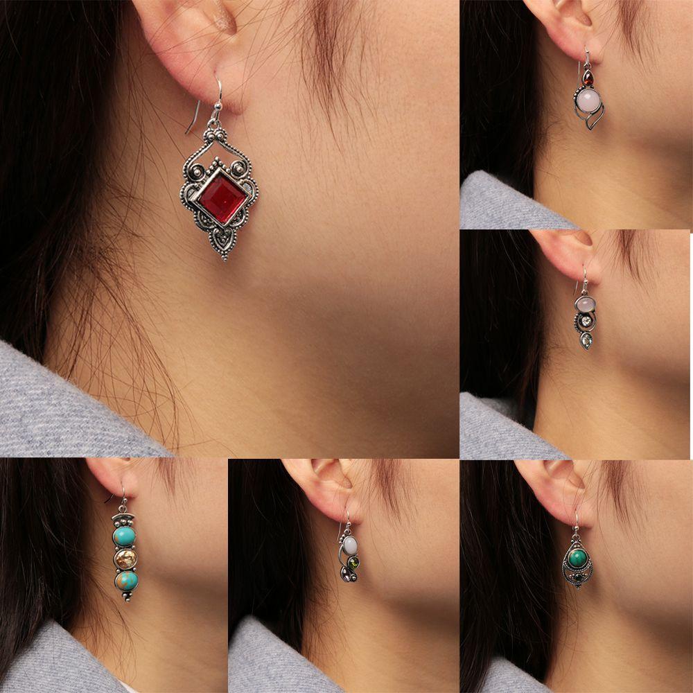 Lily 1pasang Moonstone Anting Pesona Hadiah Kait Vintage Perhiasan Pertunangan Pernikahan Turquoise