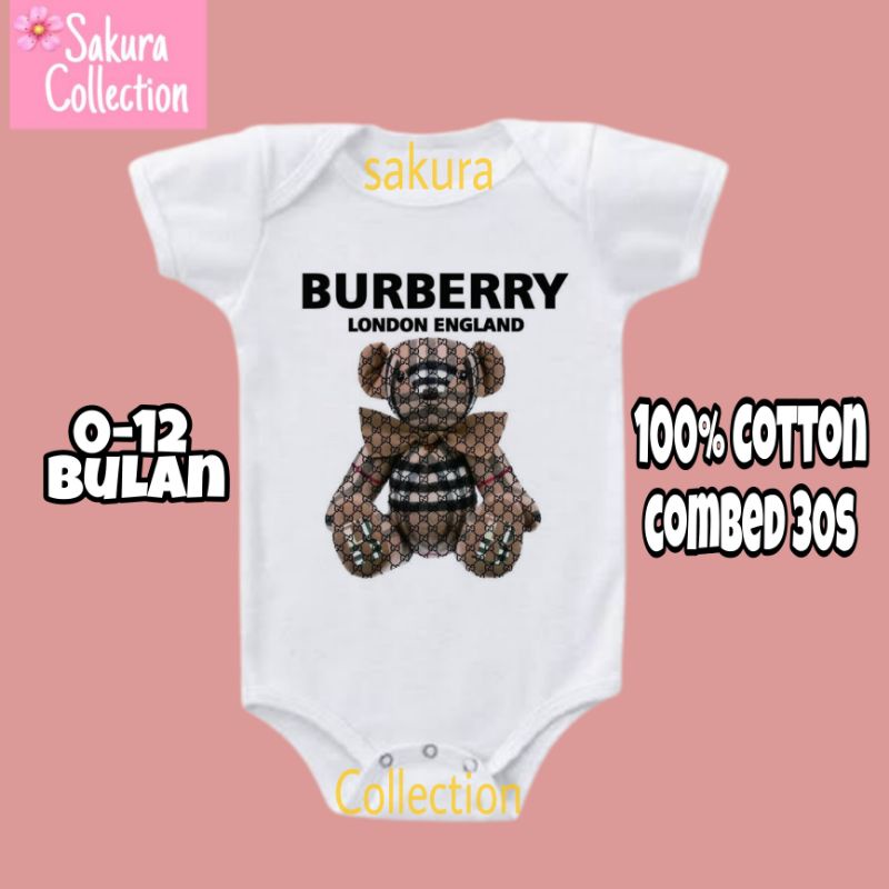 SC Kaos baju bayi jumper baby kids pendek Brand BURBERRY Bear LONDON ENGLAND baby logo tulisan custom usia 0 1 2 3 4 5 6 7 8 9 10 11 12 bulan umur 1 tahun adem jumpsuit babysuit romper bodysuit anak kecil hitam putih laki laki perempuan nyaman lembut