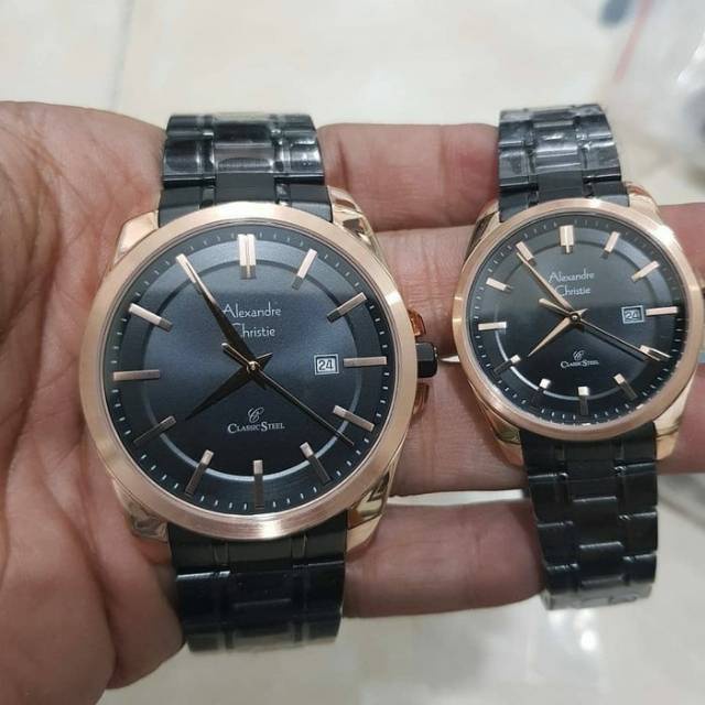 Jam Tangan Couple Alexandre Christie AC8618 AC 8618  Black Rosegold Garansi Resmi