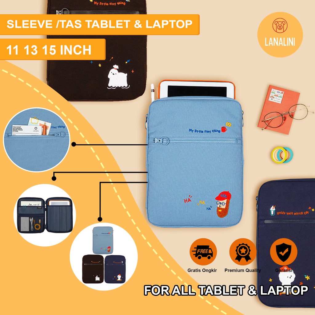 Sleeve Pouch Sarung Tas Bag Case Ipad Tab Tablet Macbook Air Pro Laptop Asus Acer Lenovo HP Huawei 11 12 13 14 15 inch Motif Gambar Karakter Anjing Polos Warna Hitam Biru Lucu Cute Murah Korean Model Banyak Slot Ruang Stationary