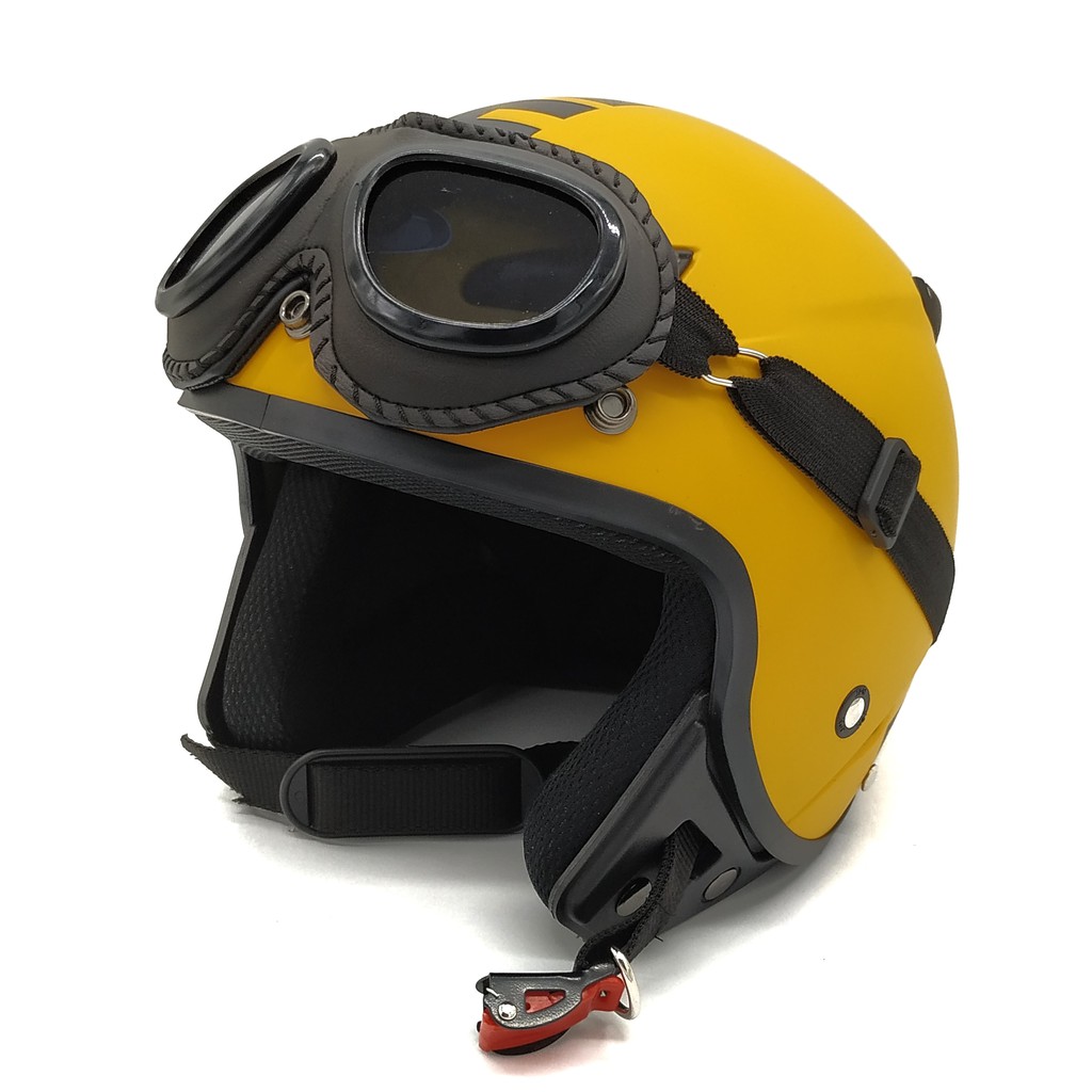 Helm JPN MOMO Retro Yellow Doff + Goggle One (Bogo / Vespa / Classic / Klasik)