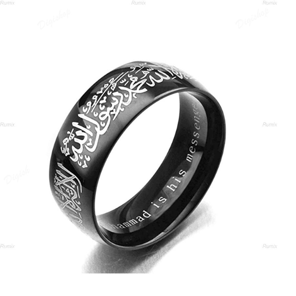 8mm Cincin Tauhid Muslim Pria Wanita Anti Karat Warna Emas Biru Silver Hitam Islami Kaligrafi Hadiah-Hitam