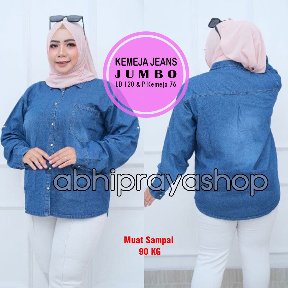 Kemeja Jeans Jumbo. Atasan Jeans Wanita ukuran Jumbo LD 120. Atasan Wanita Jumbo terbaru 2021