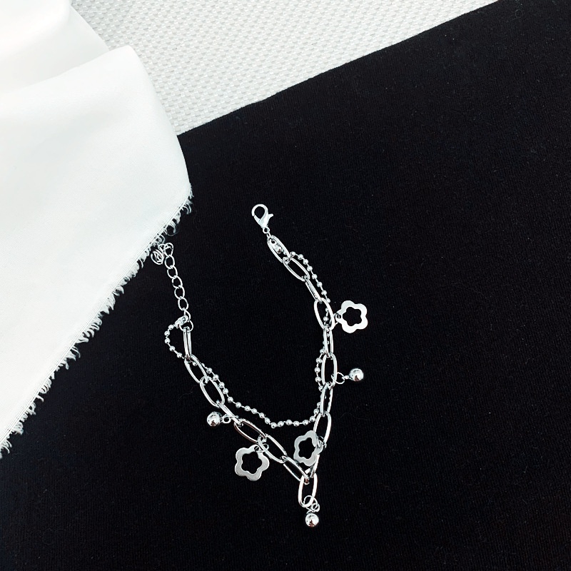 Gelang Bahan Stainless Steel Desain Bunga Kecil Double Layer Gaya Korea Untuk Wanita