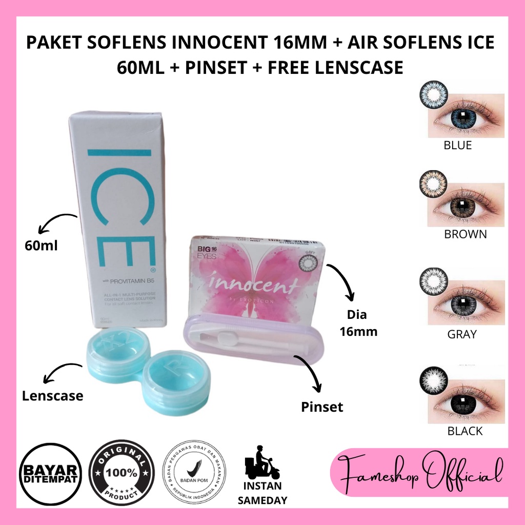 PAKET SOFTLENS INNOCENT DIA 16MM NORMAL &amp; MINUS + CAIRAN ICE 60ML + PINSET + LENSCASE / COD INSTAN SAMEDAY / LENSA KONTAK / PAKET MURAH