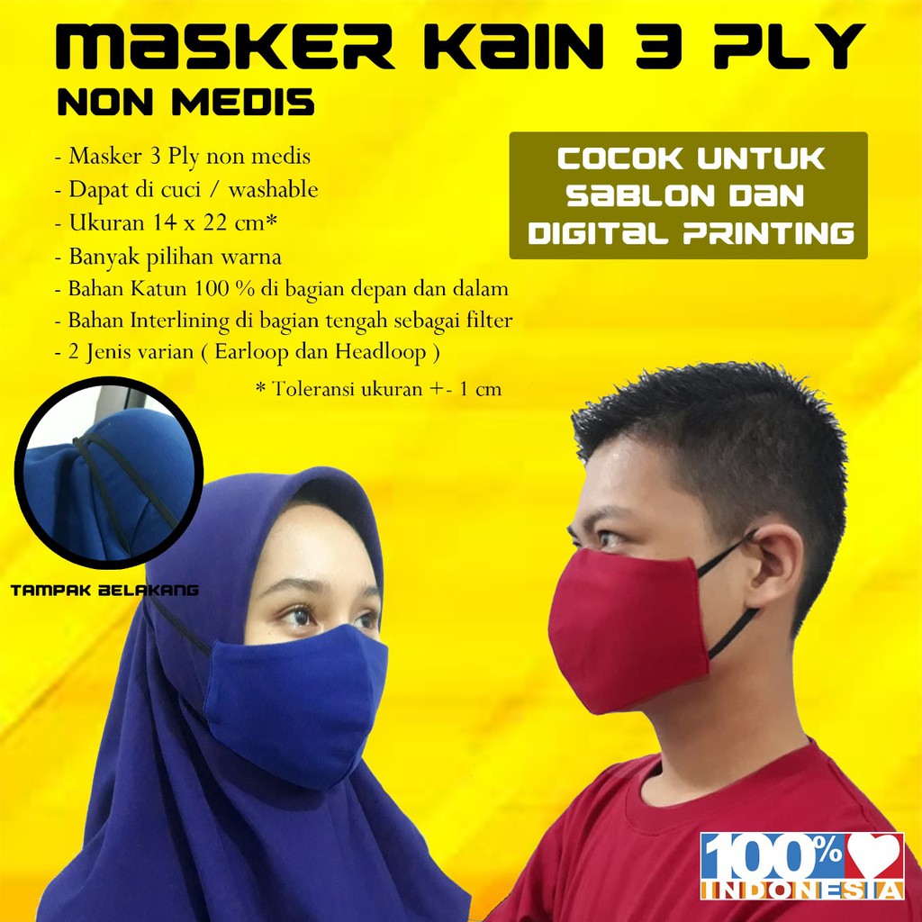 3 Ply Masker Dewasa Polos Kain Katun 99,9%  Model Earloop, Hijab &amp; Headloop ATM - Non Medis