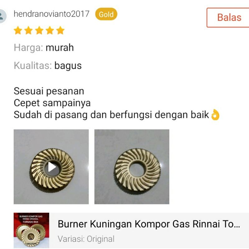 Burner Kuningan Kompor Gas Rinnai Tornado Original 602 712 BGX