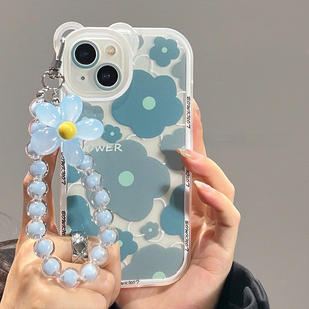 Soft Case Silikon Motif Bunga / Beruang Untuk Compatible for iPhone 14 13 12 11 Pro Max X Xr Xs Max SE 2020 8 7 6 6s Plus handphone Case murah Blue-gray Flower Phone Case Bear Ears All-inclusive Lens Clear Silicone Shockproof Phone Back ChainCasing Cover