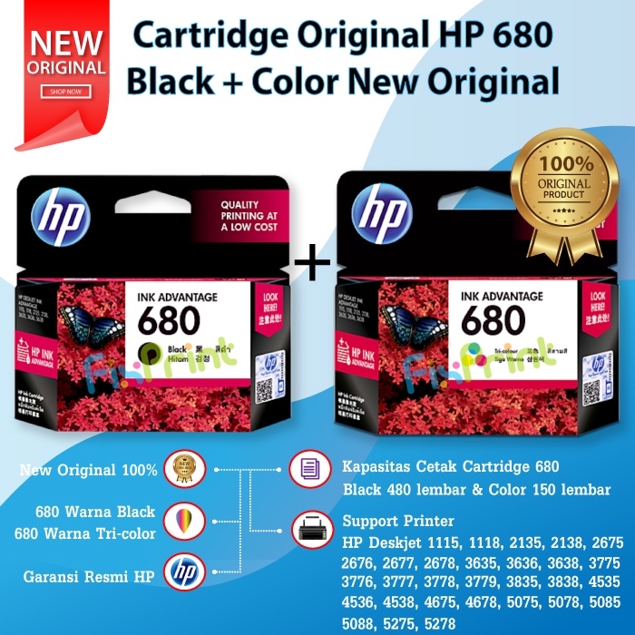 Cartridge Tinta HP 680 Black F6V27AA Printer 1115 2135 2676 3775 4535 4675 5275 Black Color Original