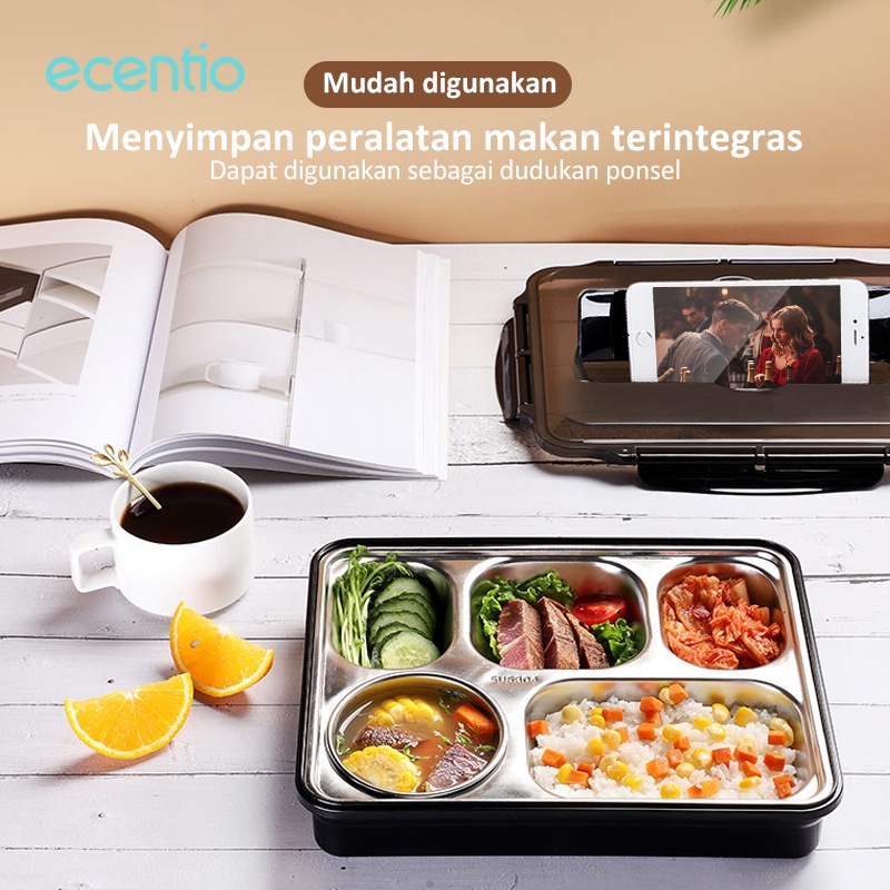 ecentio kotak makan stainless steel anti tumpah 1200ml+300ml lunch box stainless Steel 5 Grid free sendok Mangkuk sup/kotak bekal/lunch box set