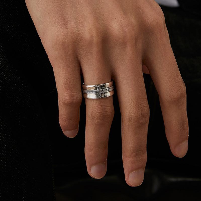 Cincin Model Terbuka Bentuk T Lapis Silver Gaya Retro Hip Hop Adjustable Untuk Pria