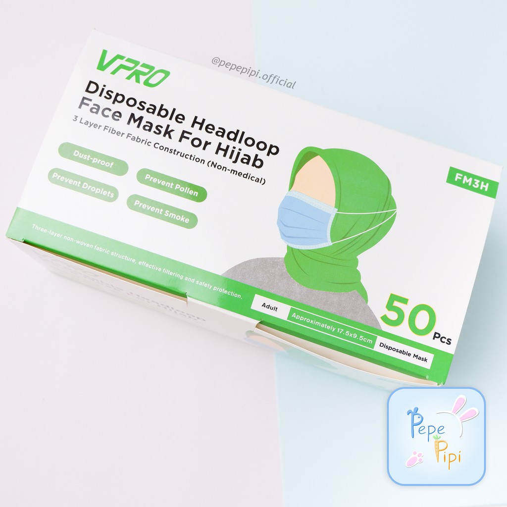 Masker Vpro Hijab Dewasa Non Medis 3 Ply Headloop Polos Sekali Pakai Face Mask Disposable HIJAB