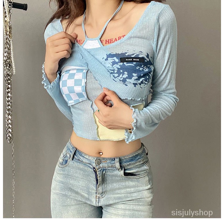 #Sisjuly# Wanita Colorblock Plaid Halter Lace-up Rompi Rabir Surya Wanita Lengan Panjang Blus Pendek