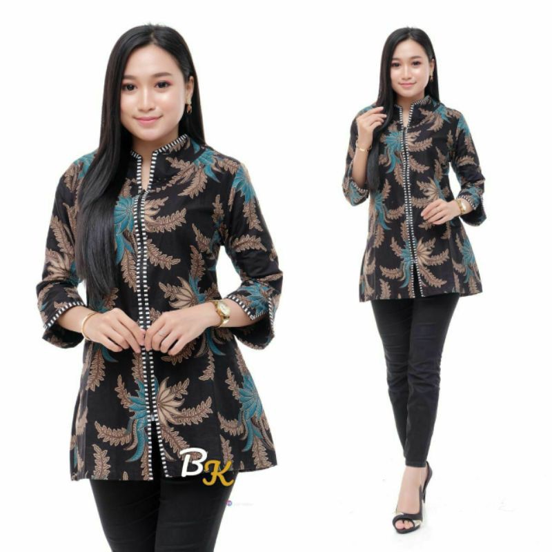 [ TERBARU ] ATASAN BATIK WANITA KERJA KANTOR ORI SHABIRAH BATIKSOLO BLOUSE BLUSEBATIK BATIKMODERN XL-Zipper eceng biru