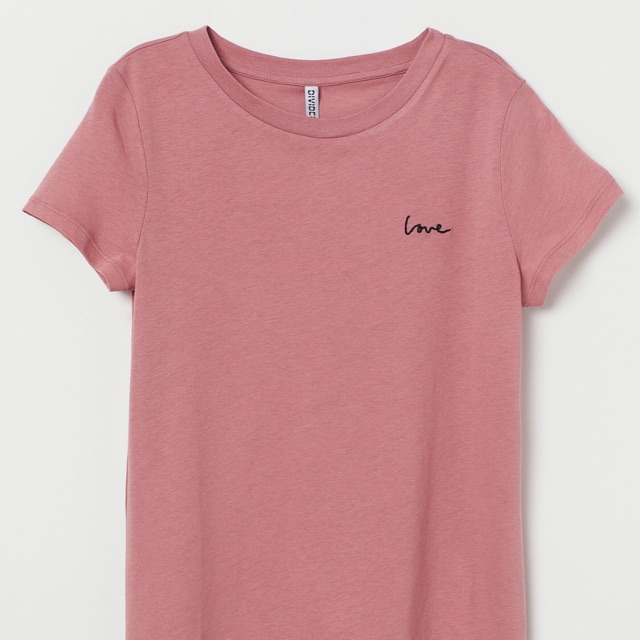 H&M Pink T-Shirt Love Embroidered Women Kaos Wanita Fashion