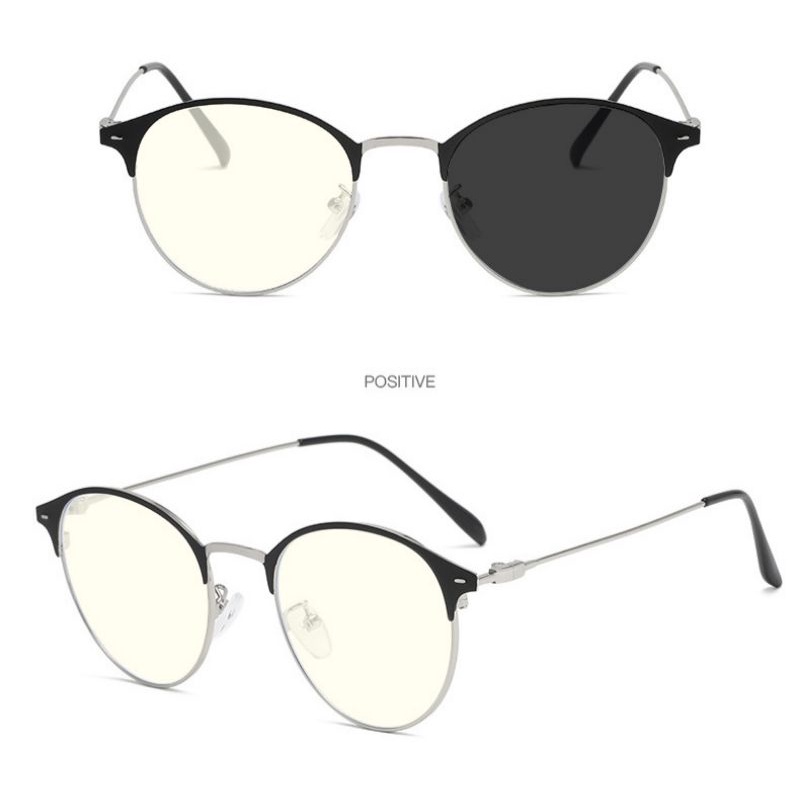Kacamata Lensa Photocromic + Anti Radiasi Blueray BLUECROMIC Frame Besi 1920 Pria Wanita Photochromic Bluechromic Oval Alloy Fotokromik Berubah Warna Gelap 1920-OV - Hitam-Silver