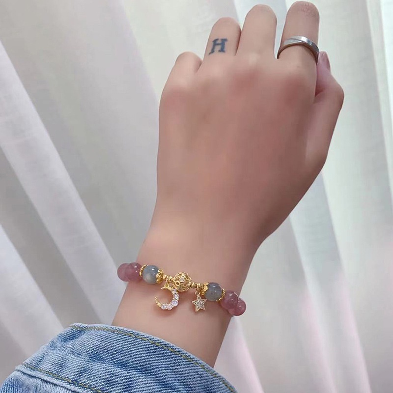 Gelang Kristal Berlian Imitasi Bentuk Bulan Bintang Warna Pink