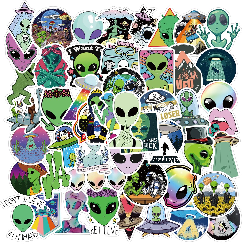 50pcs Stiker Graffiti Kartun Alien Bahan Pvc Anti Air Untuk Laptop