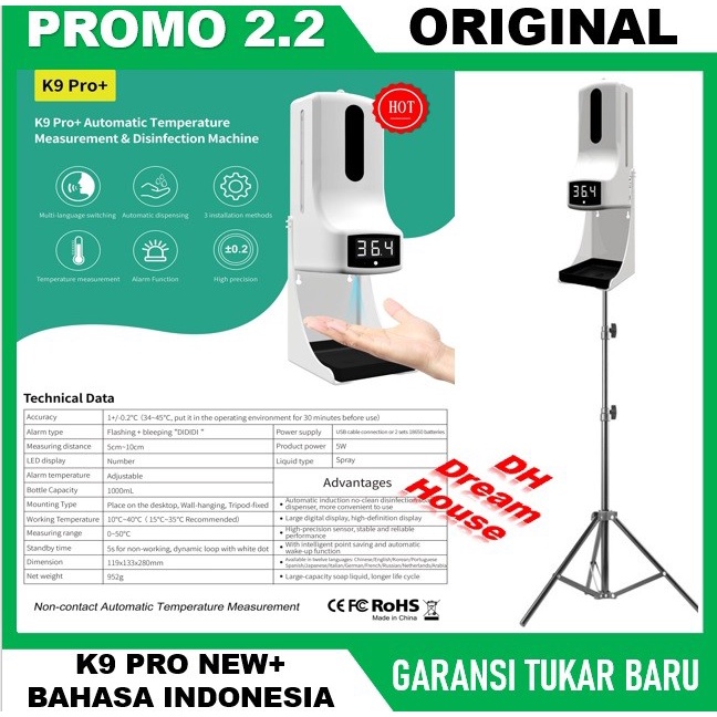 {FixmikStore} K9 PRO Thermometer Infrared Hand Sanitiser Dispenser - K9X SAJA Diskon