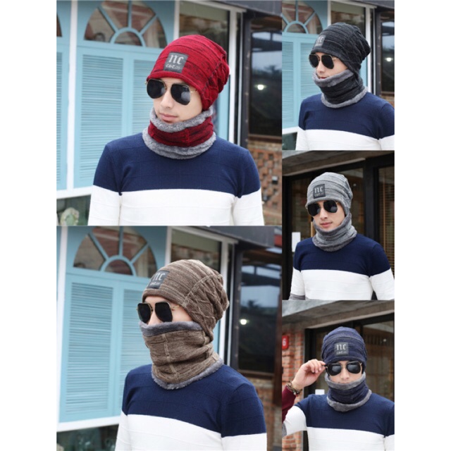 Topi kupluk /beanie dengan syal winter keren bagus premium import