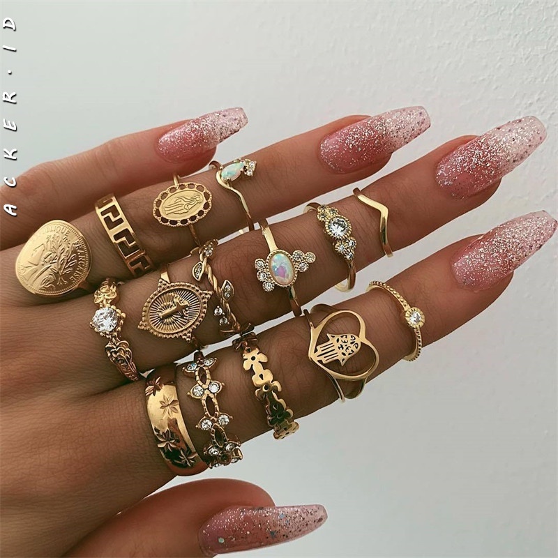 15 Pcs / Set Cincin Desain Kepala Emas Koin Palang Hati Fatima Untuk Wanita