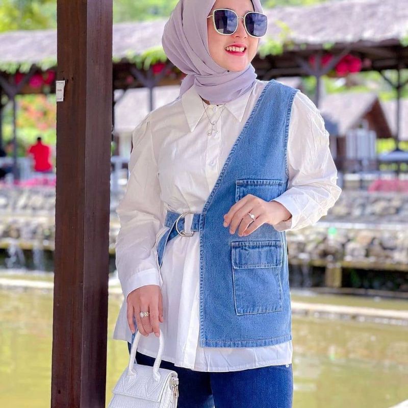 kemeja vest jeans/kemeja+jeans one set/atasan kemeja vest jeans ori zava/kemeja vest jeans premium/b