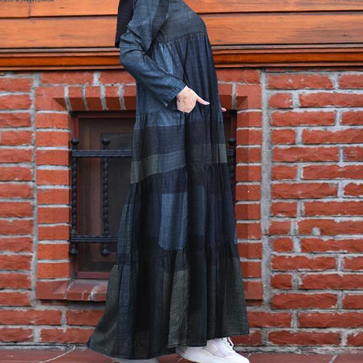 Terbaru.. ZANZEA Women Full Sleeve Plaid Printed Muslim Tiered Maxi Dress