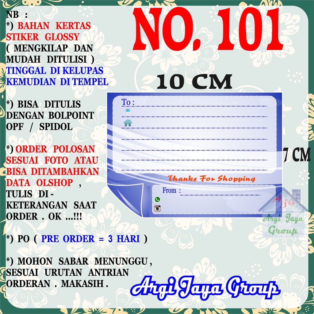 

Stiker Pengiriman - Sticker Alamat Olshop Murah Nomer 101 - 10x7 cm - Glossy