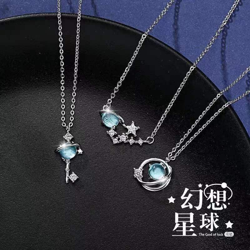 Kalung Fashion Chain x Necklace Blue Crystal Planet Sapphire Clavicle Pendant Necklace Fashion Jewel