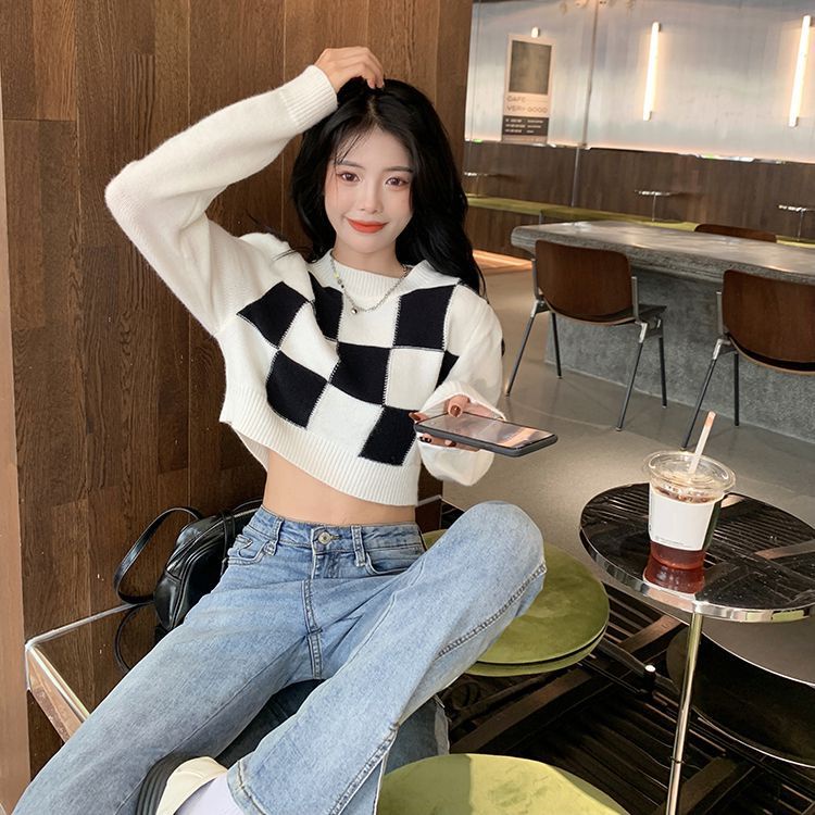 MOOGU ♡ Atasan crop top wanita rajut kotak-kotak kontras korea