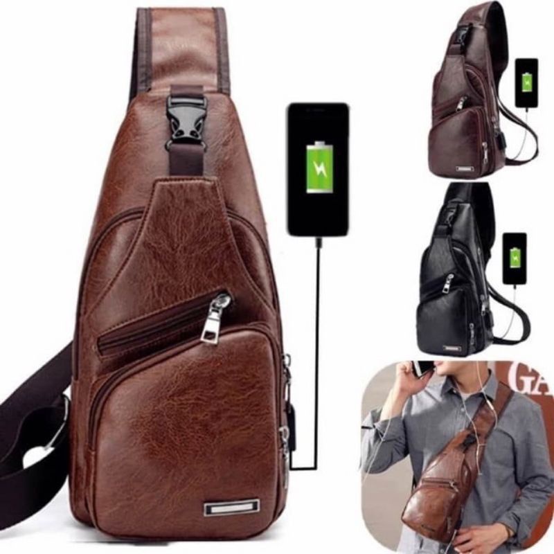 TAS SELEMPANG PRIA KULIT IMPORT FASHION TAS USB TAS PRIA KULIT ANTI AIR