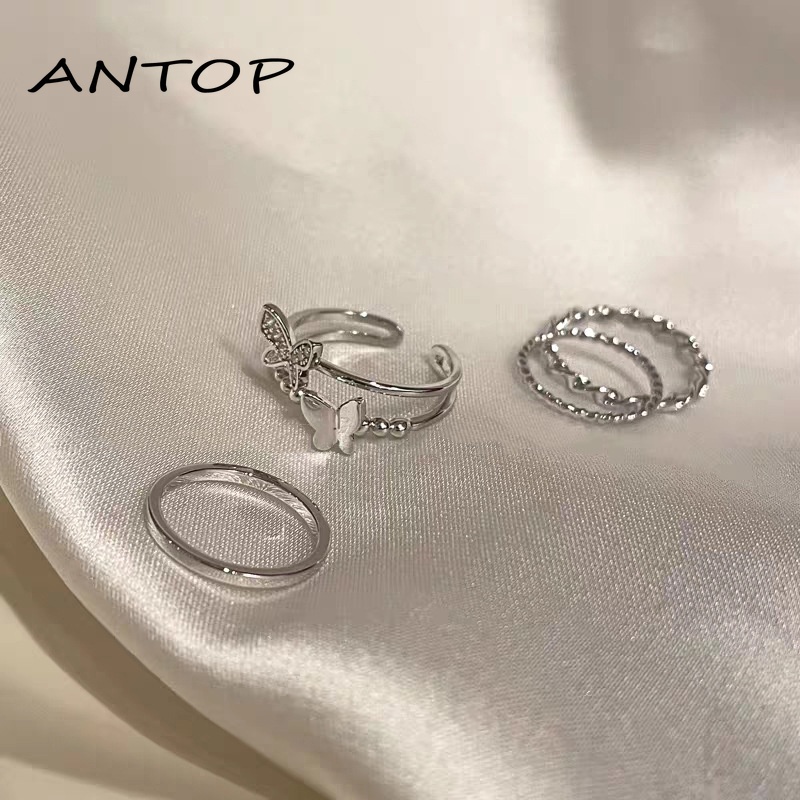 4 Pcs/set 925 Fashion Perak Cincin Set Kupu-kupu Berlian Imitasi Wanita Jari Cincin Perhiasan Aksesoris ANTOP