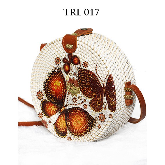 Sweet Honey Tas Rotan Bulat Bali Lukis Decoupage Motif Kupu Kupu Butterfly TRL017 Diameter 20cm