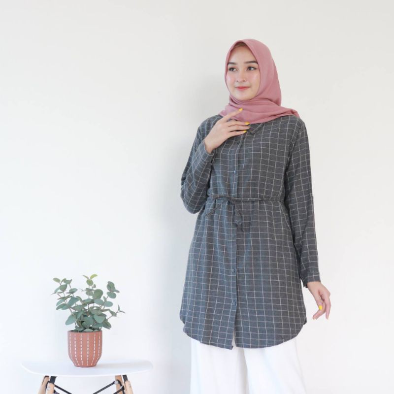 BASIC TARTAN - FLANEL TUNIK WANITA ADEM FULL KANCING KEMEJA KOTAK KOTAK TALI SERUT OCLO OFFICIAL CLO
