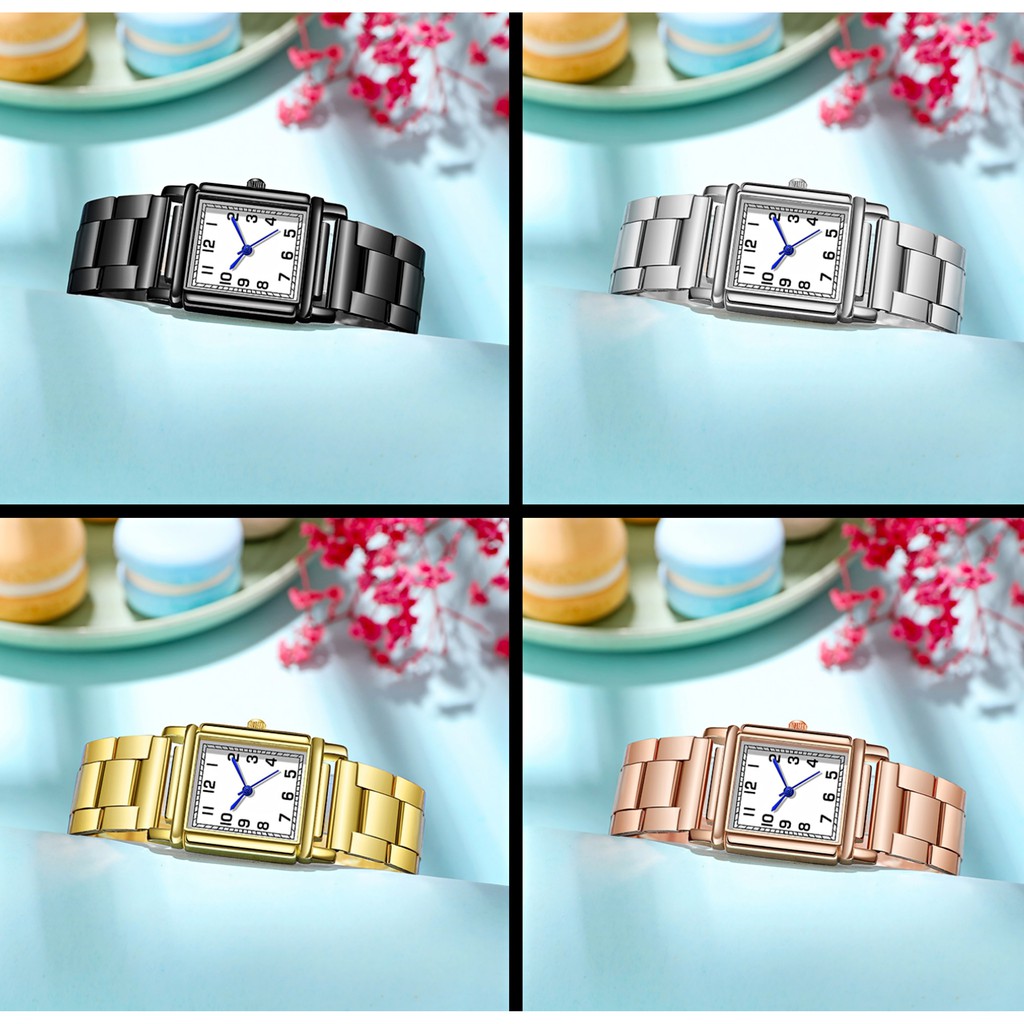 Jam Tangan Wanita Stainless Steel Dial Kotak Analog Quartz Desain Elegan Fashion Import