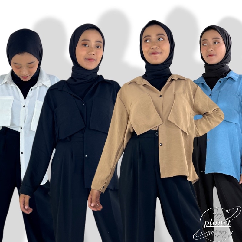 BLOUSE SAKU KEMEJA CRINCLE WANITA KEMEJA CRINKLE POLOS LENGAN PANJANG KEMEJA FORMAL KERJA