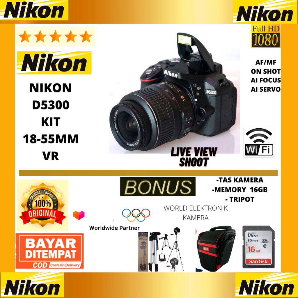 nikon d5300 kit 18 55mm vr kamera vlog   wifi  free accespries kamera 