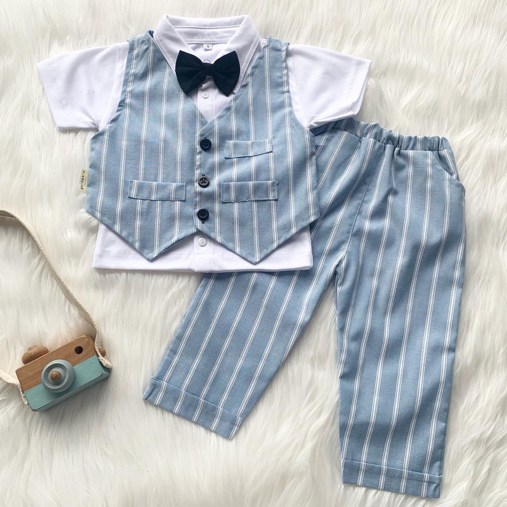 RAFFABY SECRET'S Set Baby Tuxedo Celana Panjang | Setelan Anak Laki laki | Baju Anak 1-7 Tahun-Biru Muda Stripe