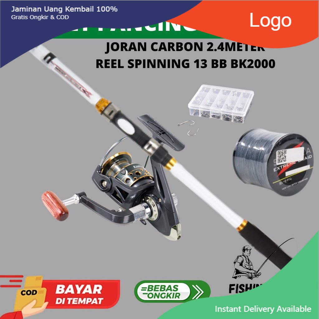 Pancingan Combo set Murah Lengkap 4 in1 Joran 2.4m Reel BK2000 Senar/Benang PE 300m Mata Kail 1 Box 