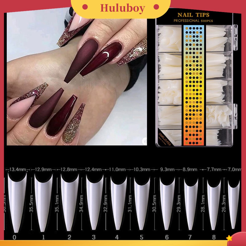 Huluboy Huluboy♡ 500pcs / Set Stiker Kuku Palsu Full Cover Bentuk C Lengkung Panjang Frosted Untuk Nail Art / Manicure DIY