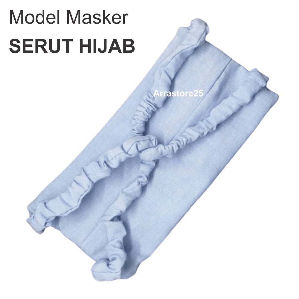 Masker kain katun 2 lapis kain + 1 slot tissue Serut headloop (Hijab) Ready Stock