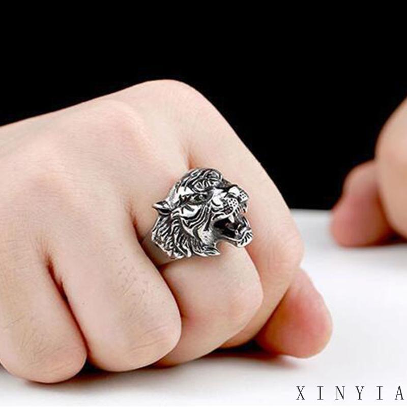 Cincin Desain Kepala Harimau Gaya Retro Untuk Pria