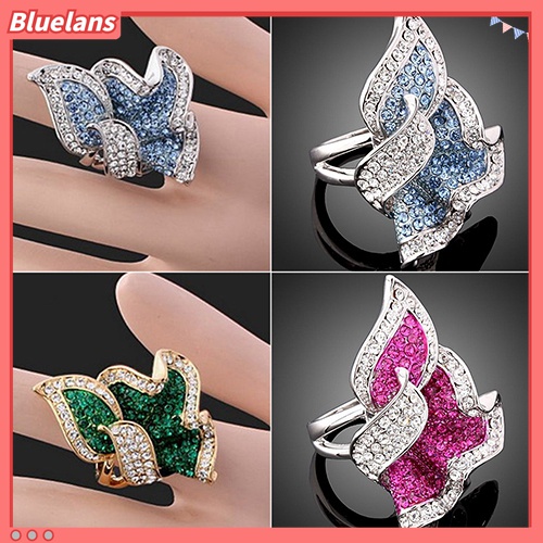 Cincin Wanita Lapis Emas 9K Bentuk Daun Aksen Kristal Dan Berlian Imitasi Untuk Hadiah