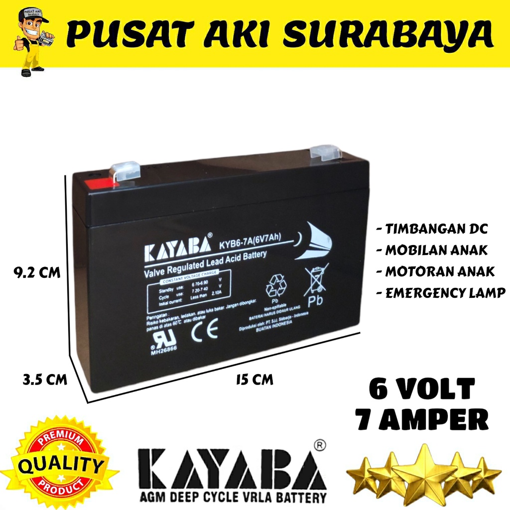 BATERAI VRLA KAYABA 6V 7AH MOTOR ANAK MOBIL AKI MAINAN RC PMB ROAD RACER PROTAGE PLIKO 6VOLT 7AMPER