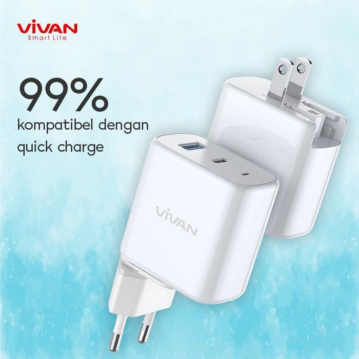 Charger Quick Charge VIVAN Power Boost Dual Port USB (QC3.0) &amp; Type-C (PD) 5A 45W - Garansi 1 Tahun